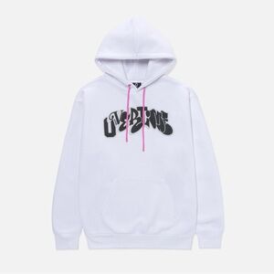 OVERTIME White Hoodie with Black Graphic and Pink Accents